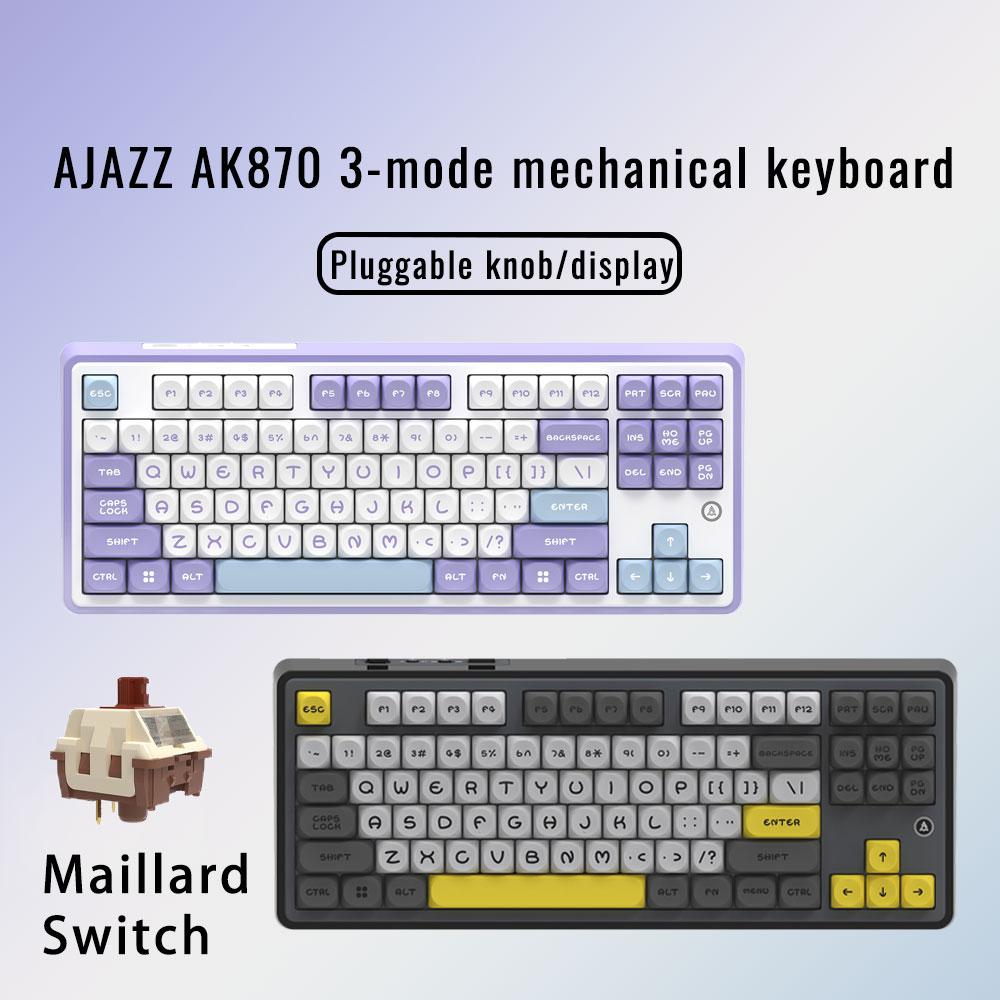 

AJAZZ AK870 Механическая клавиатура с тремя режимами RGB-подсветки, возможностью горячей замены, 1,06-дюймовой настраиваемой ручкой экрана, беспроводная игровая клавиатура Bluetooth