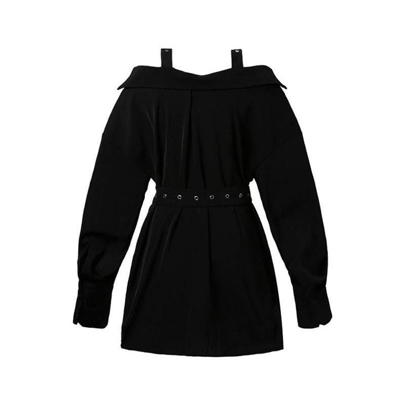 Rochie Gotică Neagră Cămașă Sexy Rochii Mini cu Curea Vară Punk Mânecă Lungă Bretea Umeri Goi Haine Femei Petrecere Vestidos