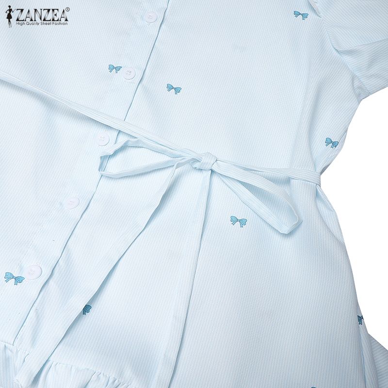 ZANZEA Damen Freizeit Rundhals 3/4 Ärmel Locker Gestreiftes Kleid