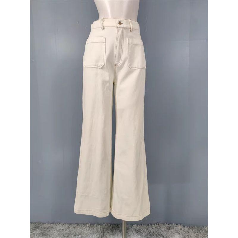 

Export in Autumn New Arrival High Waist Denim Lady Temperamental Work Clothing Tall Slim Fit Minimalist White Wide Leg Pants White L