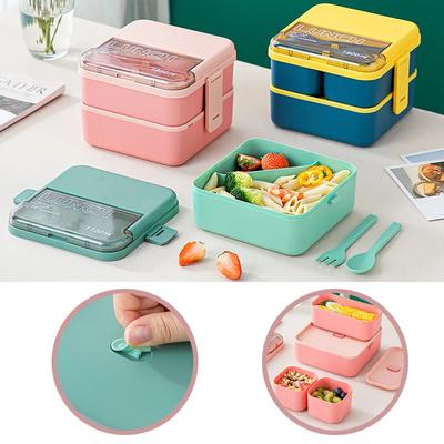 2 straturi portabil etanș gustare prânz Bento Box alimente depozitare recipient birou copil student cuptor cu microunde tacâmuri furculiță lingură Set