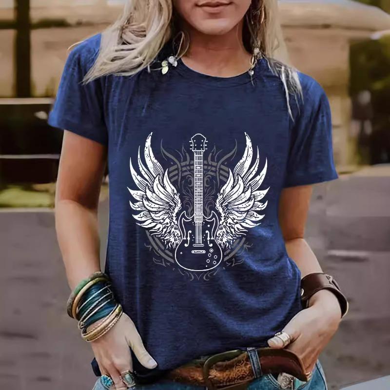 Summer Guitar Pattern Pure Cotton Round Neck Short Sleeved Casual Fashion Top T-Shirts Women’s