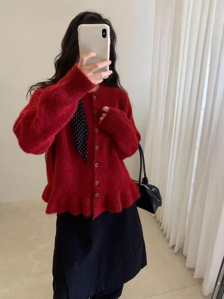 Women's Korean Round Neck Ruffled Hem Cardigan - Soft & Fluffy, Short Style for Early Autumn/Winter
