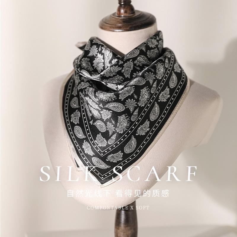 100% Mulberry Silk Small Square Scarf Women's Summer Thin Silk Scarf Black and White Printing Versatile Sunscreen Shawl Light Luxury High
