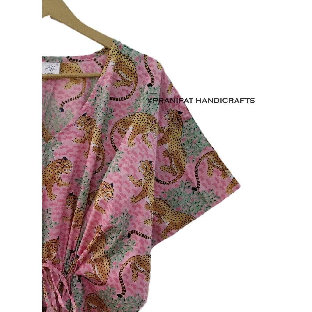 Damen Babyrosa Bagheera Tiger Bedrucktes Baumwoll Maxi Strand Überwurf Kaftan Kleid CKFTN-SCRN-FULL-BUYIT-149