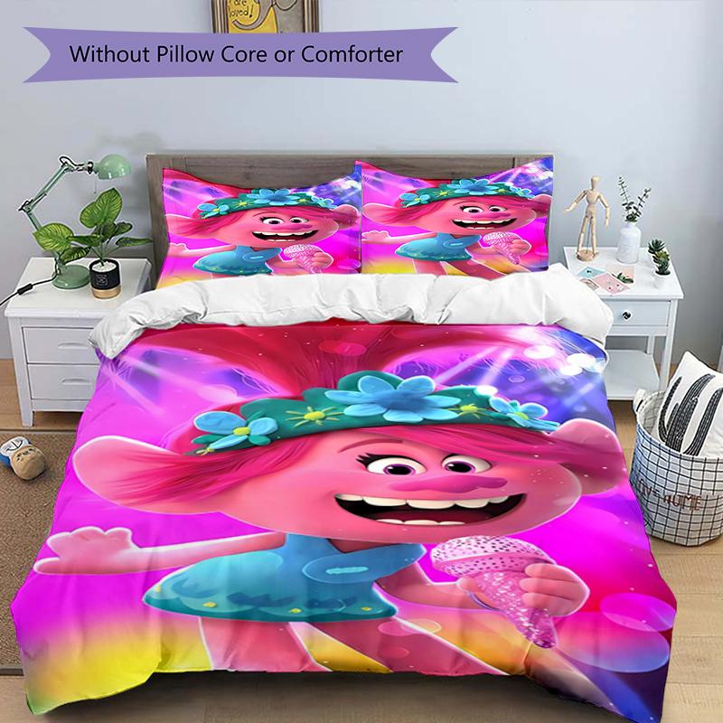 3pcs Trolls Design Cover Set - HD Printed Bedding with 1 Cover and 2 Pillowcases - Perfect for Home and Dorm Decor
