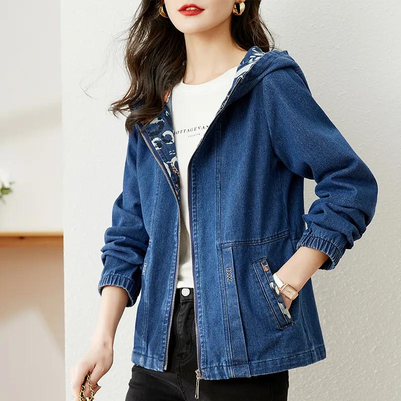 Stylish Hooded Denim Jacket Women's Short Jean Coat Mother  Outerwear Loose Casual Jackets Spring Autumn