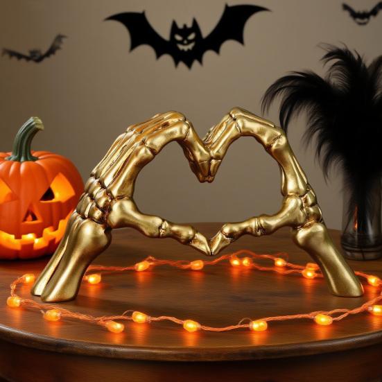 Skeleton Hands Heart Sculpture Gothic Love Gesture Statue Resin Heart Shape Skeleton Finger Gesture Figurine for Halloween Home Decor Gift
