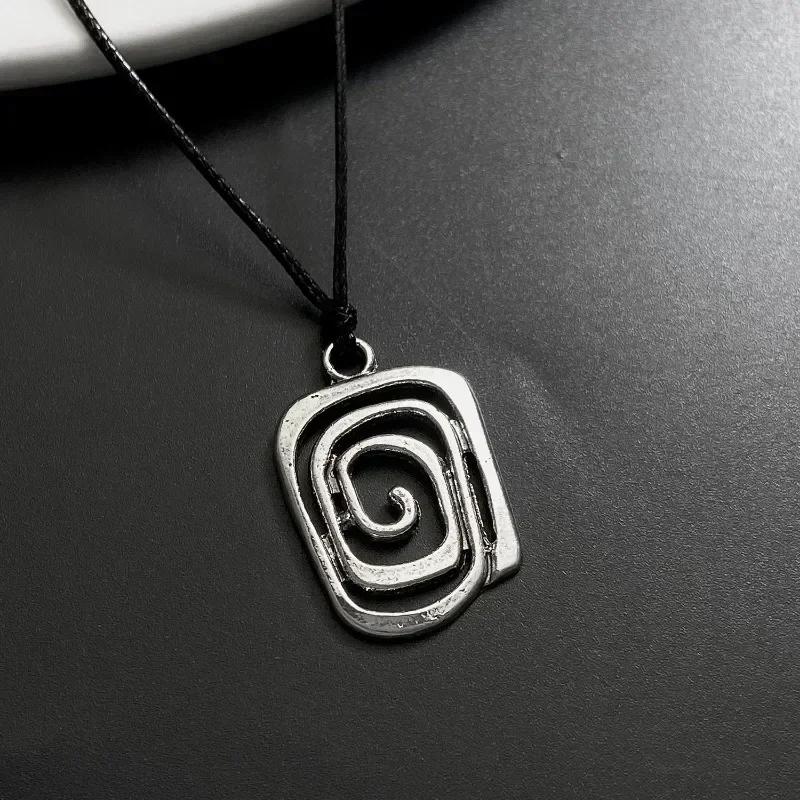 Y2K Spiral Vortex Pendant Necklace for Women Men Vintage Hand-woven Leather Rope Chain Necklace Grunge Jewelry Accessories