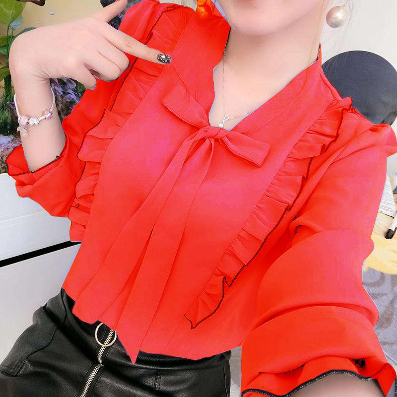 

Женская весенняя новая стильная корейская модная блузка с длинными рукавами с бантом, тонкая рубашка для похудения, универсальная шифоновая рубашка XXL красный