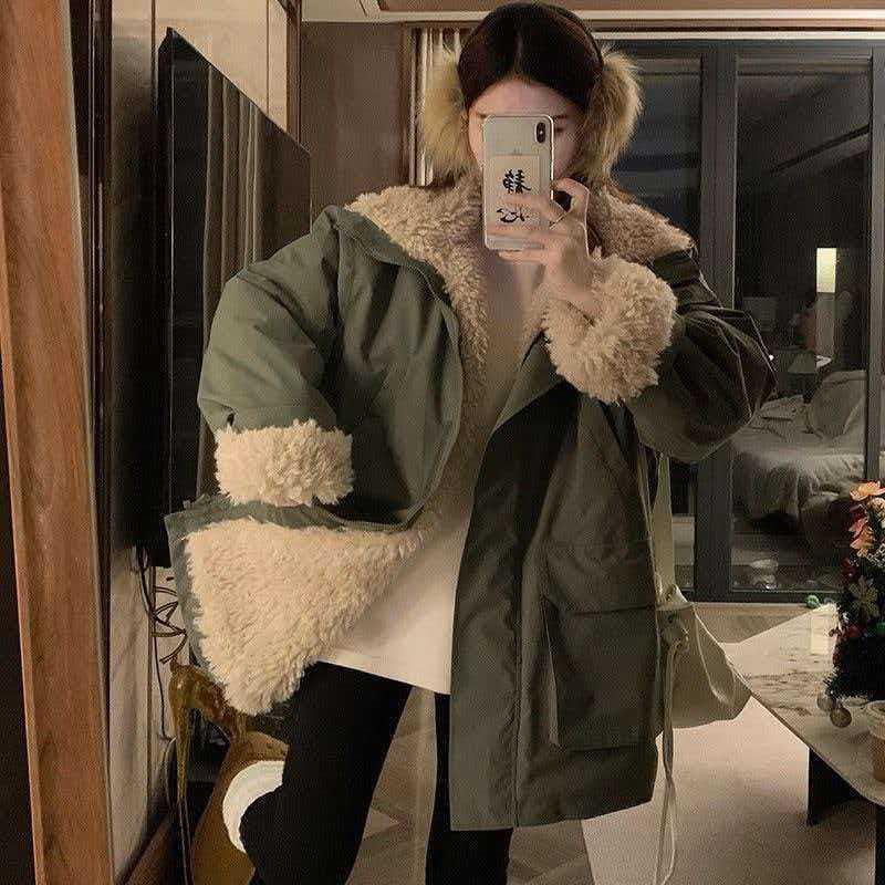 Womens Warm Mid-Length Cotton Puffer Coat With Fleece Lining Solid Color Casual Winter Jacket Daily Wear