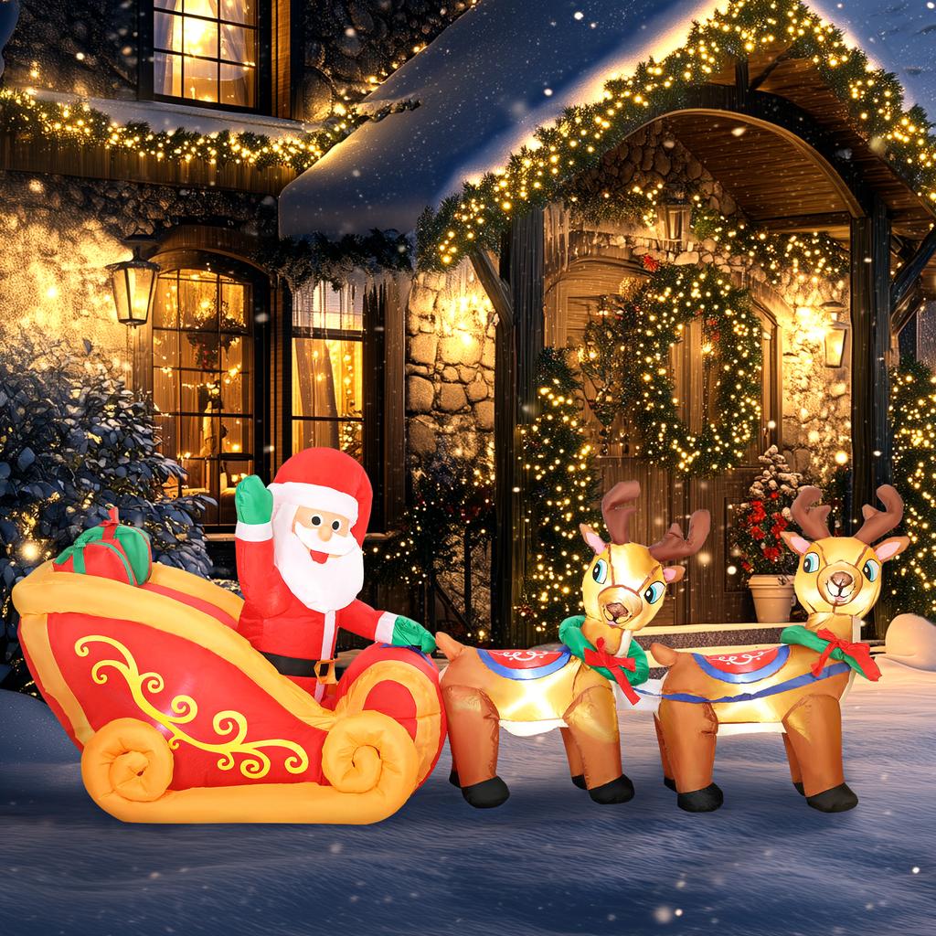 Inflatable Santa Claus, Sleigh, Christmas Reindeer, LED Lights, 240 x 75 x 100 cm