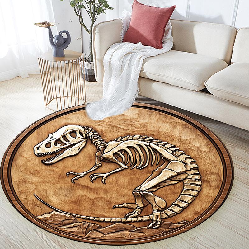Dinosaur Fossil Relief Round Area Rug,Carpet Rug for Living Room Bedroom Sofa Playroom Decor,Non-slip Floor Mat