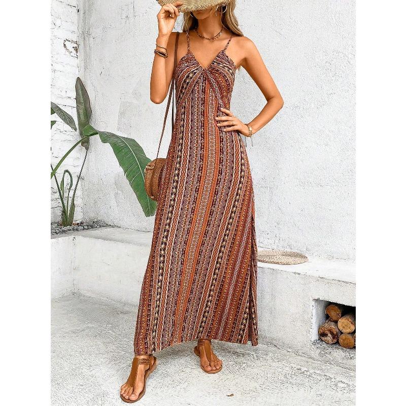 Women's Summer Ethnic Pattern Backless Split Thigh Dress Ladies Summer Clothes Fashion Frill Trim Long Dress Beach