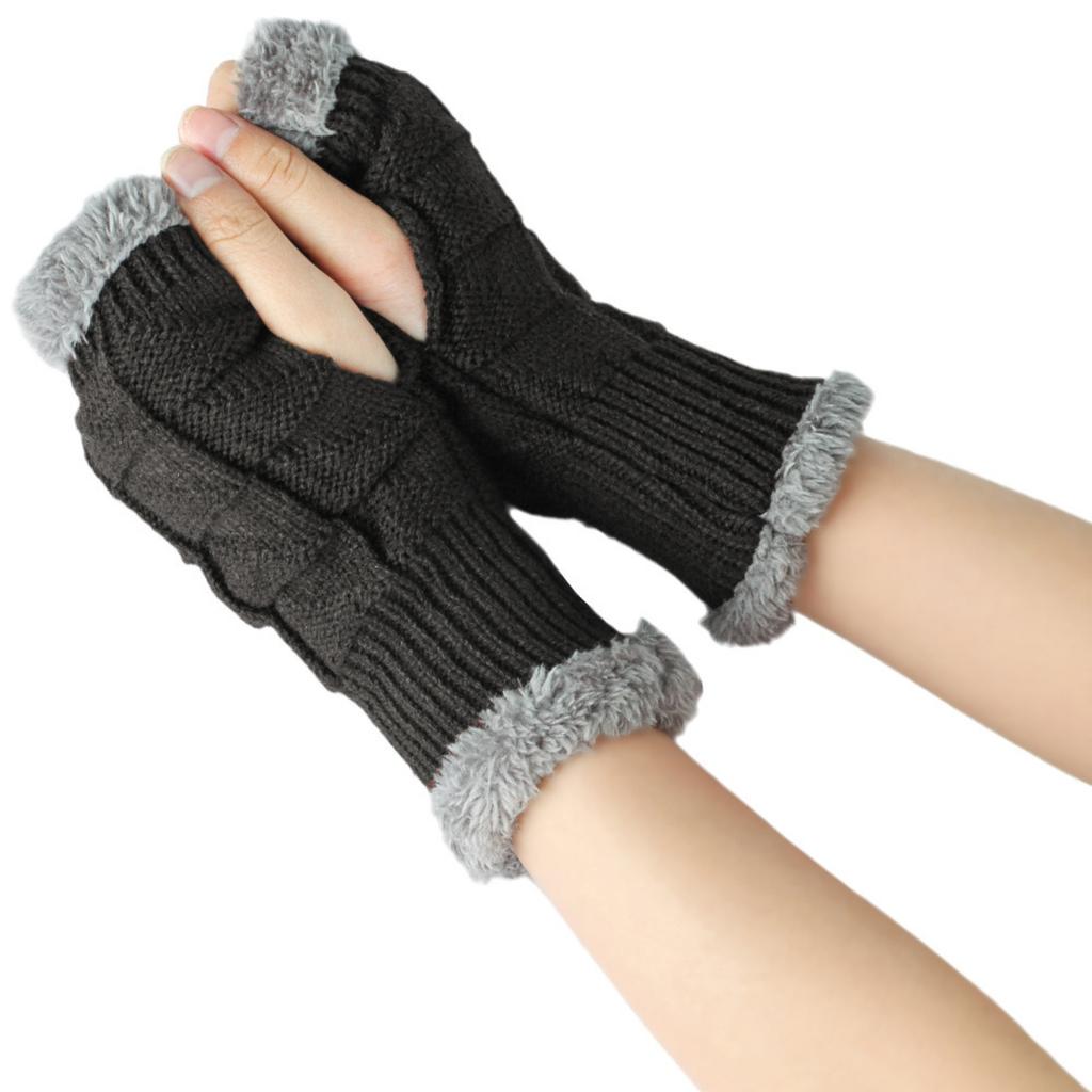 Women's Winter Fleece-lined Thickened Wool Gloves, Fingerless, Solid Color, Short Style Gloves