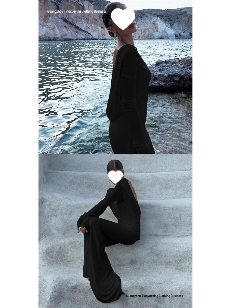 Elegant European & American Women's Backless Long Sleeve Evening Gown - Autumn/Winter Collection