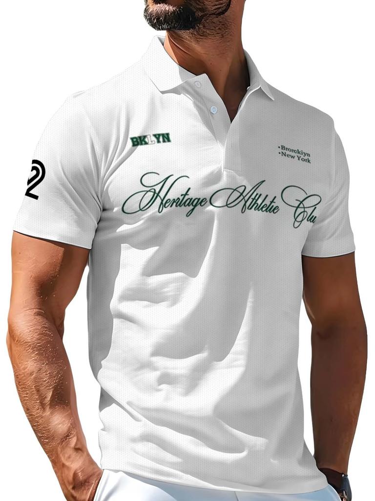 Men's Outdoor Short-Sleeve Polo Shirt with Printed Design (Not Textured), Available in Multiple Sizes. Men's Lapel Polo with White Base and English