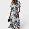 Elegante Abito Midi Floreale Estivo da Donna Scollo a V Manica Corta Vestito Avvolgente Vita Arricciata Orlo Spaccato Stampa Floreale Blu Oro Abito Estivo Casual per Spiaggia Vacanza