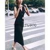 Summer New Fashion round Neck Sleeveless Metal Buckle with Belt Crepe Midi Skirt Dress 3897166