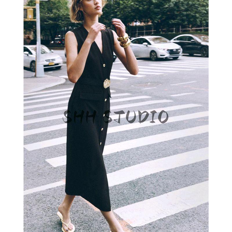 Summer New Fashion Round Neck Sleeveless Metal Buckle with Belt Crepe Midi Skirt Dress 3897166