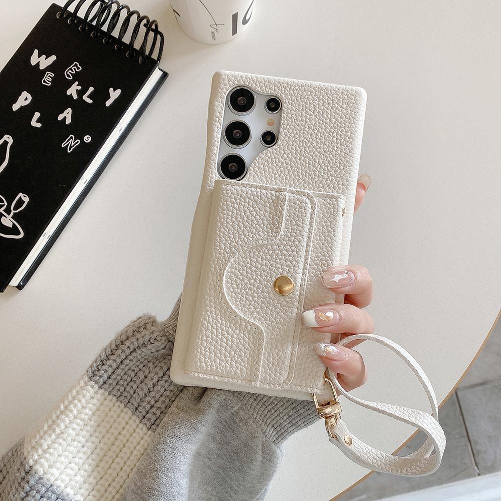 

Чехол для Samsung Galaxy S24 Ultra с зеркальным дизайном, задняя крышка из ПУ кожи со слотами для карт, ремешок на запястье White