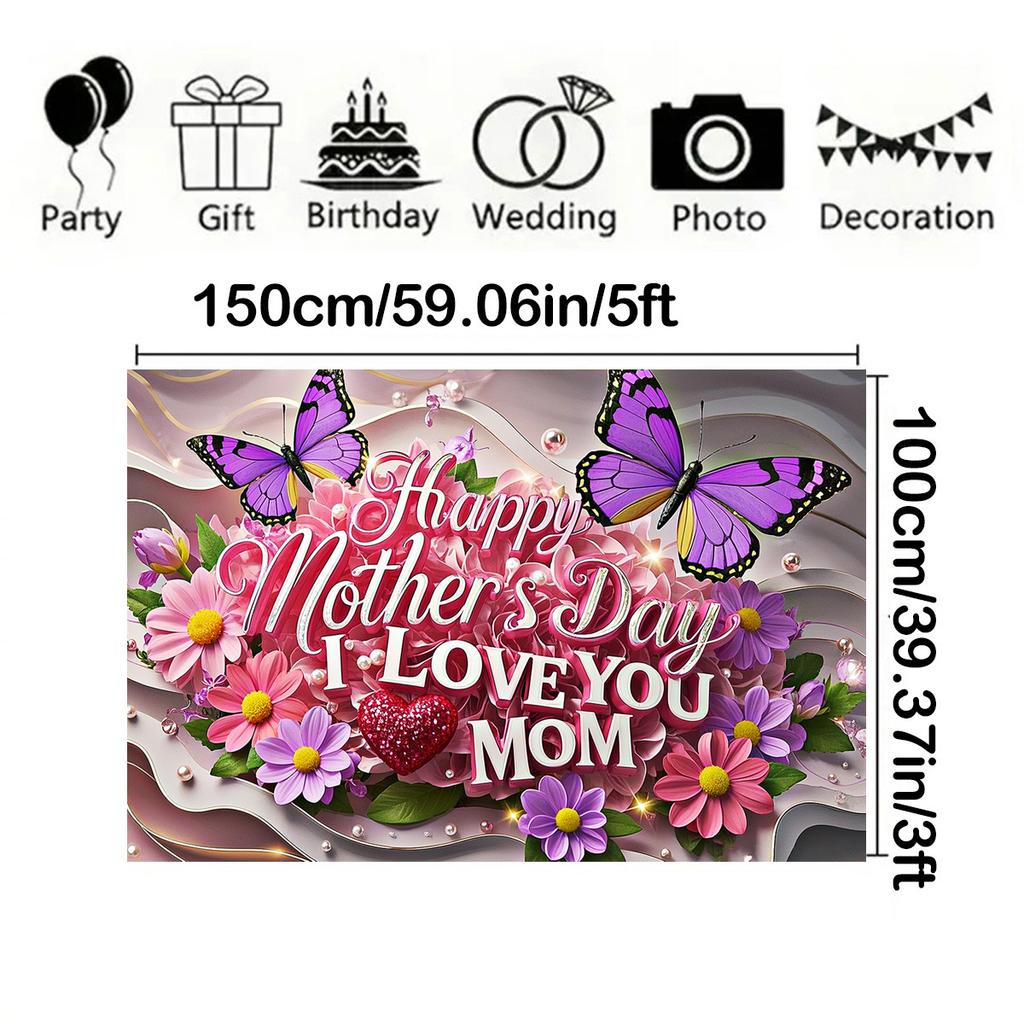 Mother's Day Floral Backdrop with Floral&Butterfly Element Design,Wall Decor,Gift,Festive Wall Covering,Rustic Background