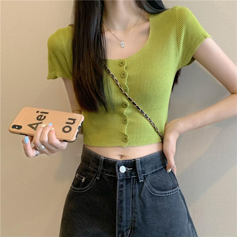 

Летняя новинка, сладкий и пряный квадратный воротник, однобортный, короткий, с коротким рукавом, трикотаж с футболкой, топ для женщин One size