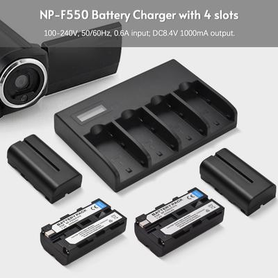 NP-F550-Akkuladegerät, 4-fach-Ladegerät mit LED-Anzeigen, 4 Stück NP-F550-Akkus, 7,4 V, 2200 mAh