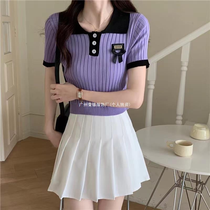 Summer design sense niche ice silk knitted short-sleeved t-shirt women's ins Korean version slim and thin polo shirt short top