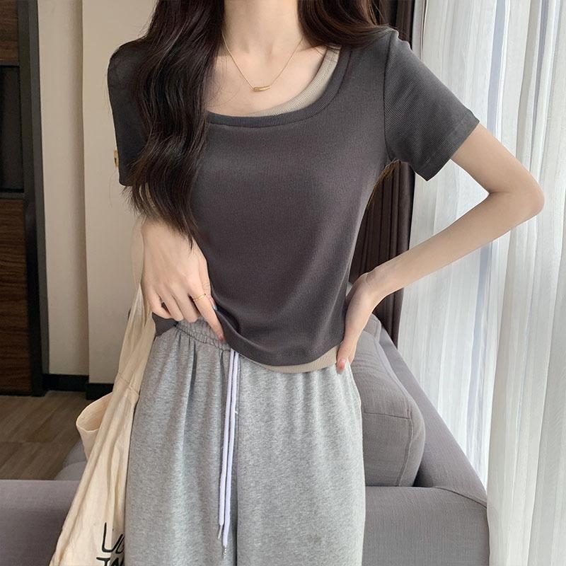 Slimming Clavicle Right Shoulder Design Fake Two-piece T-shirt Women's Short-sleeved Summer 2024 Super Hot Style Chic Hot Girl Top
