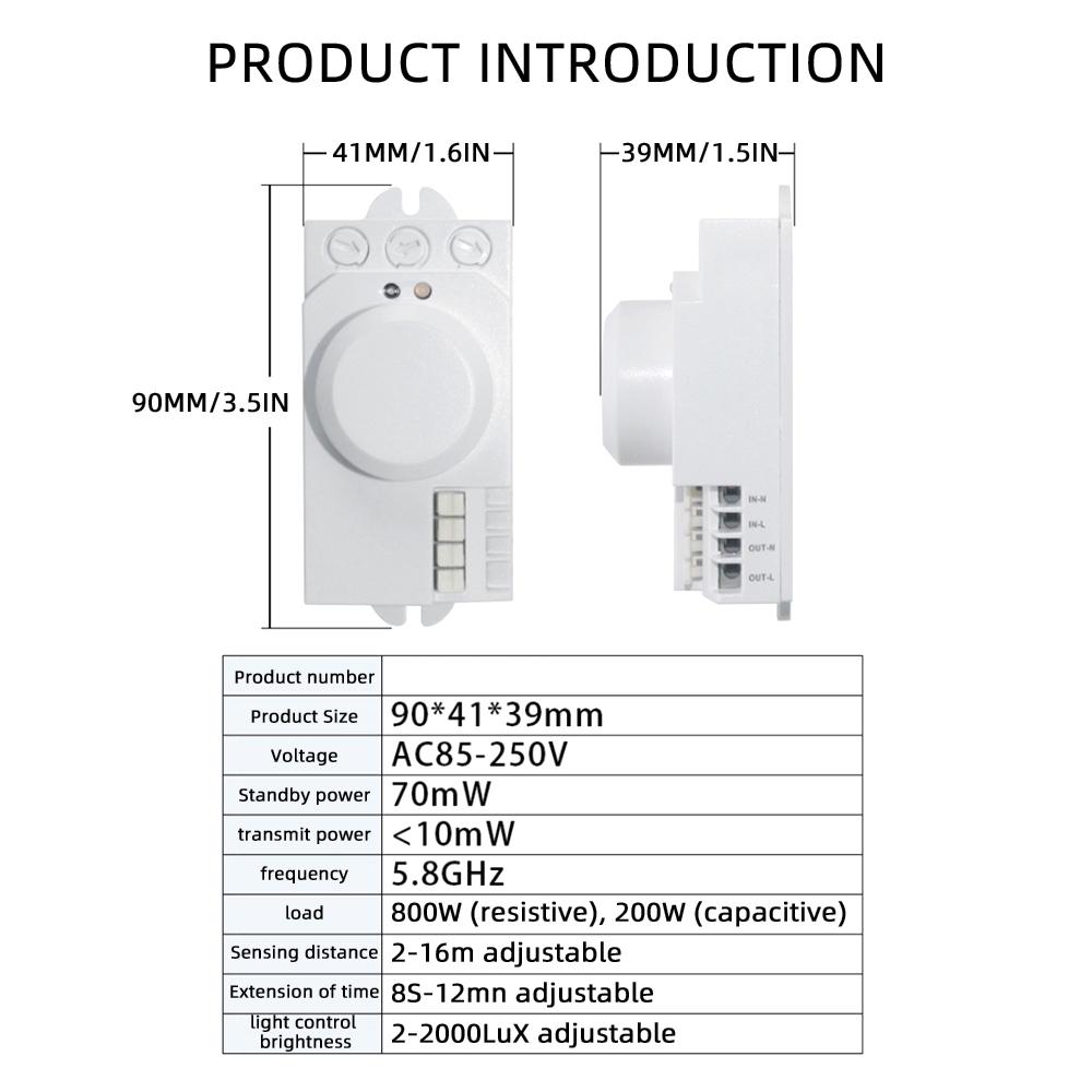 AC 85V-250V 5.8GHz Microwave Radar Sensor Switch Body Motion Detector For LED Light Sensors Switches