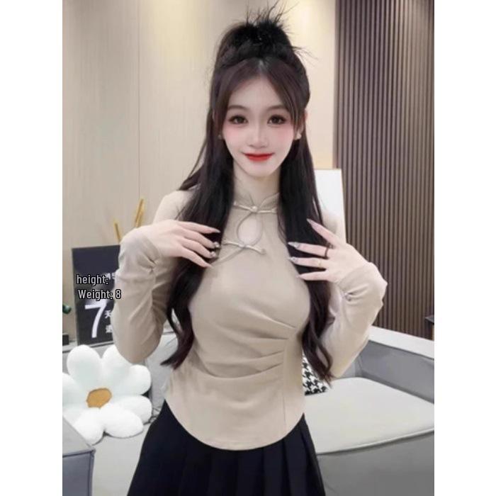 

Женская футболка с высоким воротником и пуговицами-лягушками, приталенная, весна 2025 Small