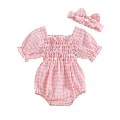 Baby Girl 2Pcs Spring Outfits Short Sleeve Plaid Print Smocked Romper with Headband Set Infant Clothes