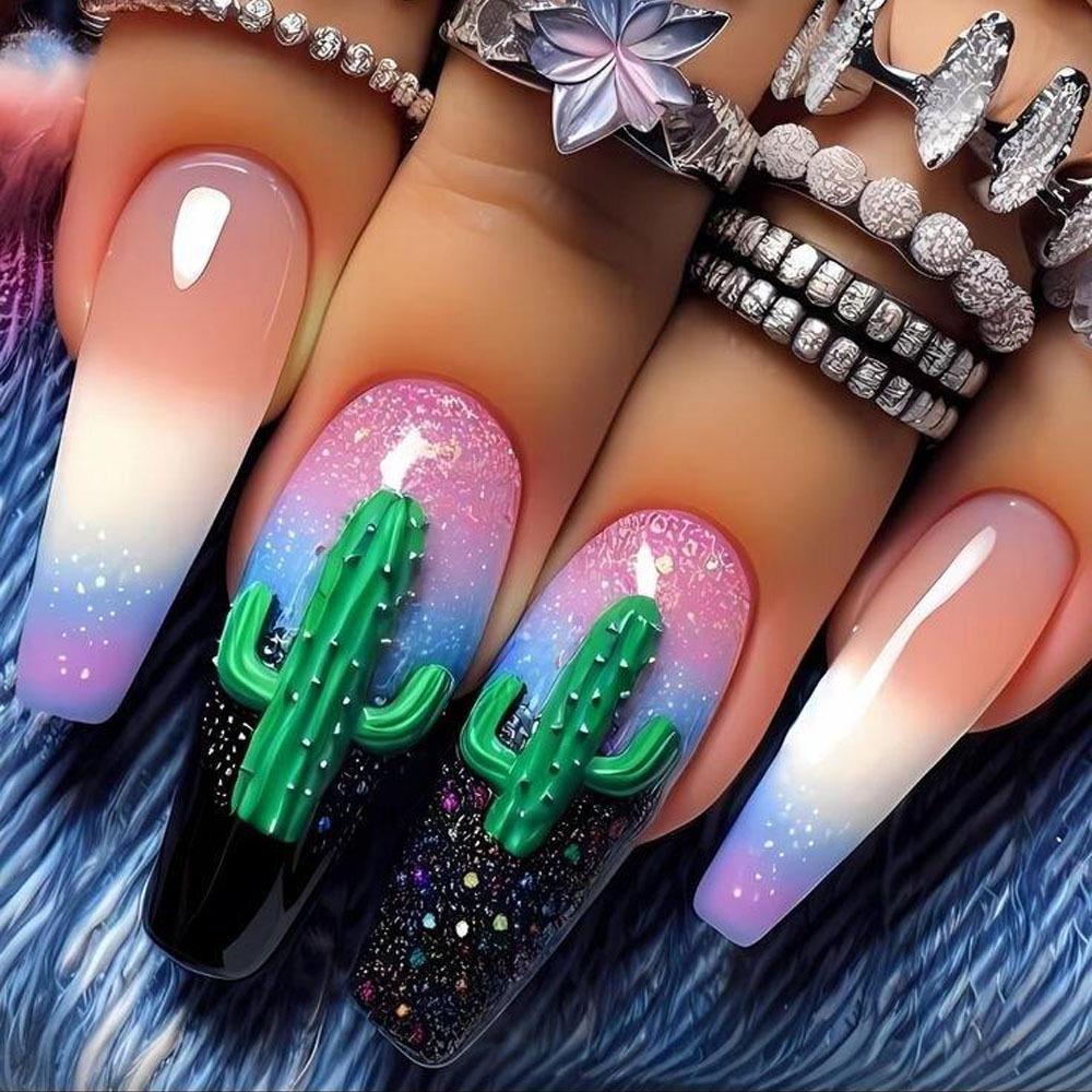 Ballet-Shape Cactus Gradient Nail Art Stickers - Trendy Wearable Design