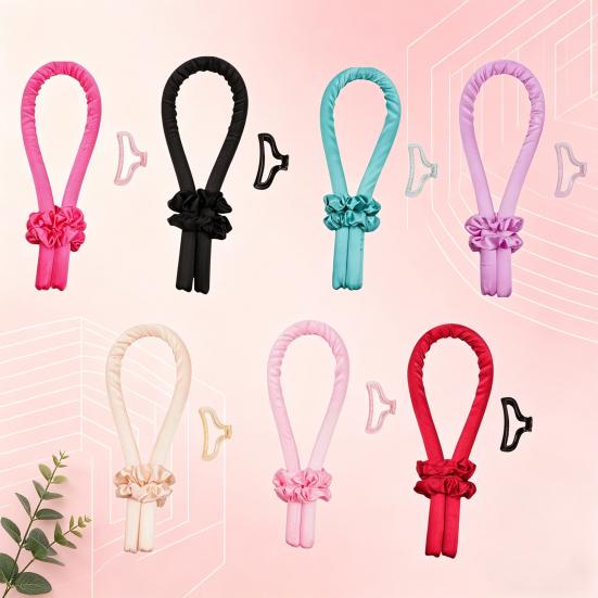 No Heat Hair Curling Rod Headband with 2 Scrunchies Claw Clip Overnight Sleeping Silk Ribbon Hair Curler Women Long Hair Curls Roller Styling Tool