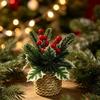 Red Berry Faux Holly Pine Cone Ornament Woven Basket Christmas Mini Potted Plant  Home Decor