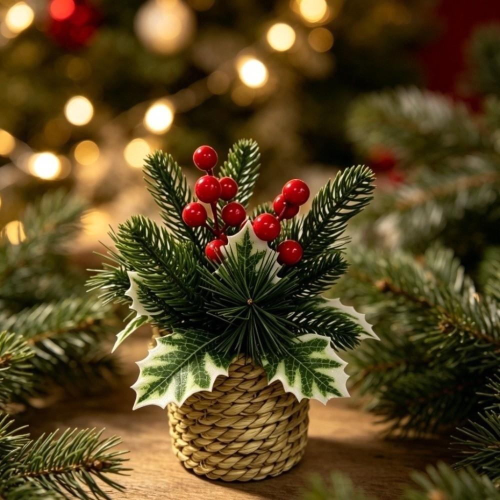 Red Berry Faux Holly Pine Cone Ornament Woven Basket Christmas Mini Potted Plant Home Decor