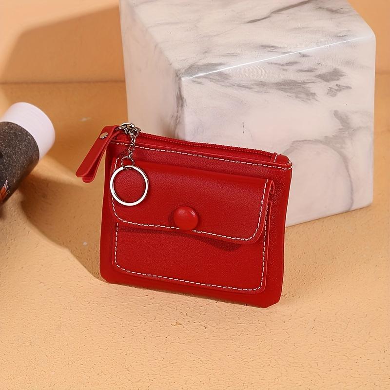 Casual Style Zip Wallet With A Keychain Solid Color Coin Purse Mini Card Holder Key Pouch And Wet Wipes For Cleaning