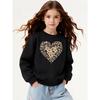 Girls' Leopard Print Heart Pattern Long-Sleeve Crewneck Sweatshirt | Casual, Slight Stretch, Regular Fit