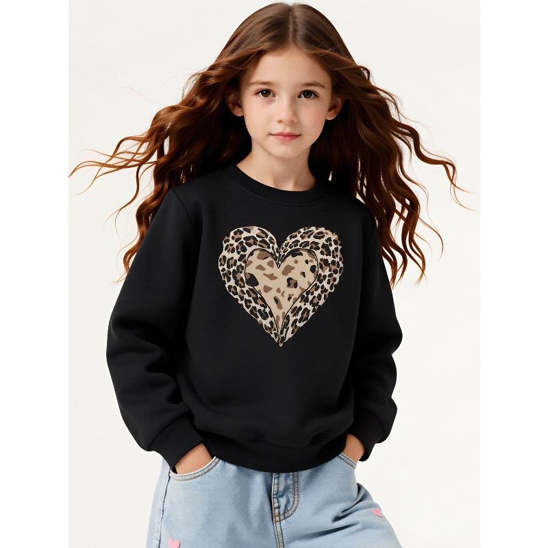 Girls' Leopard Print Heart Pattern Long-Sleeve Crewneck Sweatshirt | Casual, Slight Stretch, Regular Fit
