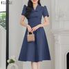 ZANZEA Women Elegant Casual V-Neck Short Sleeve A-line Dress