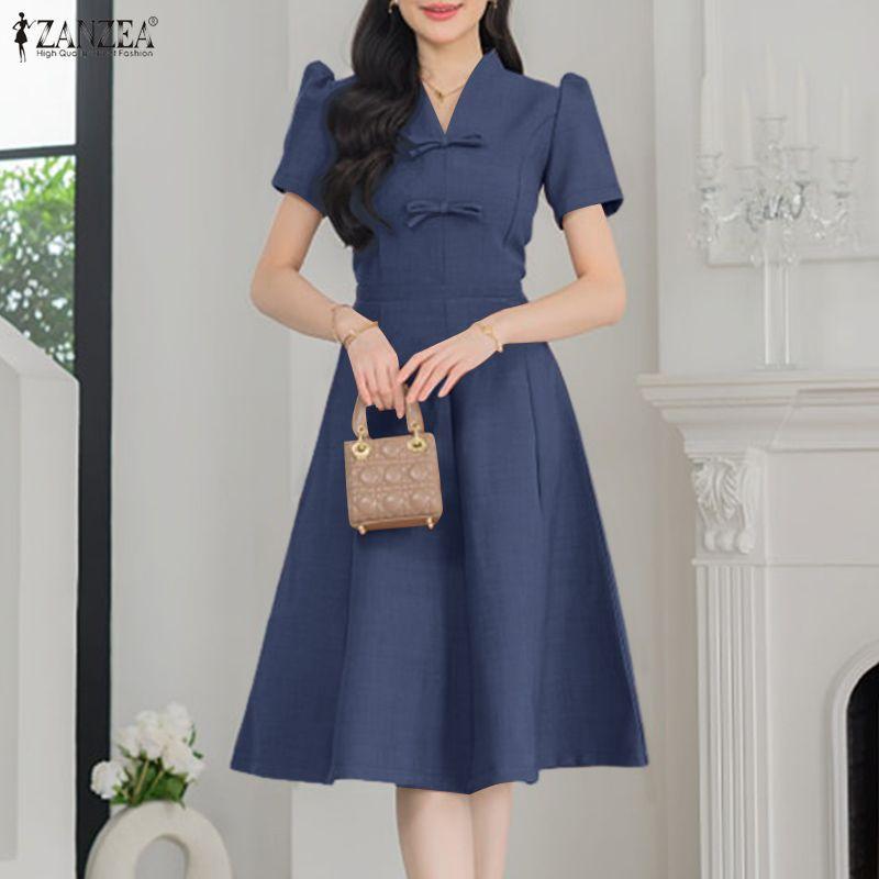 ZANZEA Women Elegant Casual V-Neck Short Sleeve A-line Dress