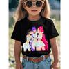 Black short-sleeved 3D printed T-shirt for girls, round-neck casual T-shirt