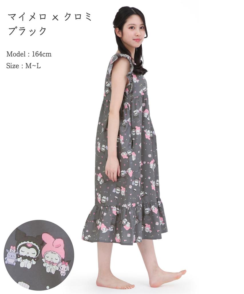 SAZAC Angel My Melody x Kuromi Cotton Dress, 100% Broadcloth, Women's Nightgown/Loungewear (Black/M-L/SAN1948)