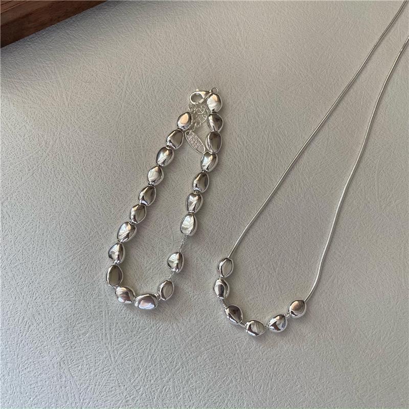 Korean Style Silver Bean Necklace & Bracelet Set - Fashionable S925 Sterling Silver Clavicle Chain