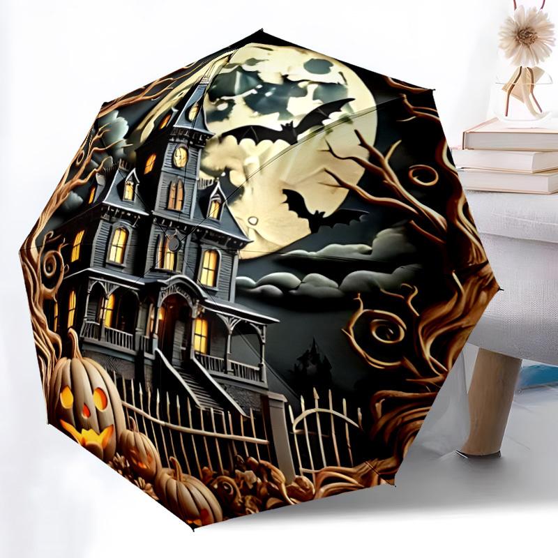 1pc Halloween Haunted Auto Folding Umbrella, Sturdy And Durable Automatic Folding Umbrella with 8 Ribs, Convenient for Outdoor Use133