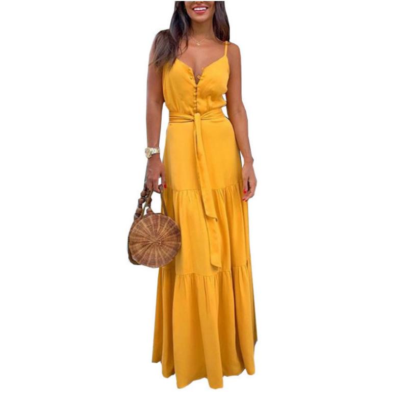 Women s Maxi Dress V-Neck Spaghetti Strap Button Front Tie Waist Tiered Sleeveless Casual Summer Beach Vacation Long Sundress S