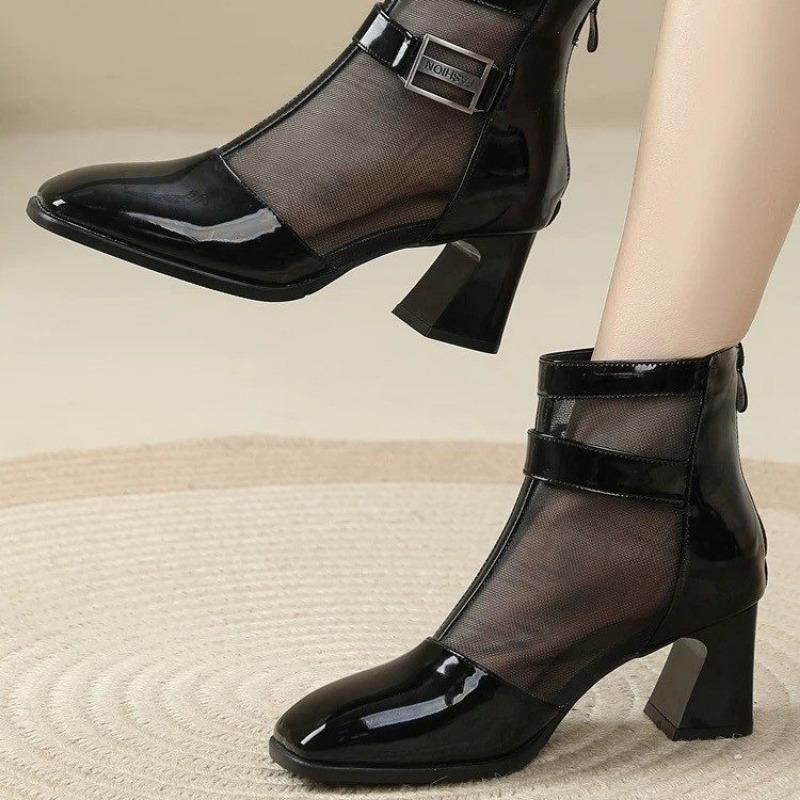 Cool Boots Spring New Square Head Splicing Mesh Metal Buckle Back Zipper Anti-slip Wear-resistant Short Boots