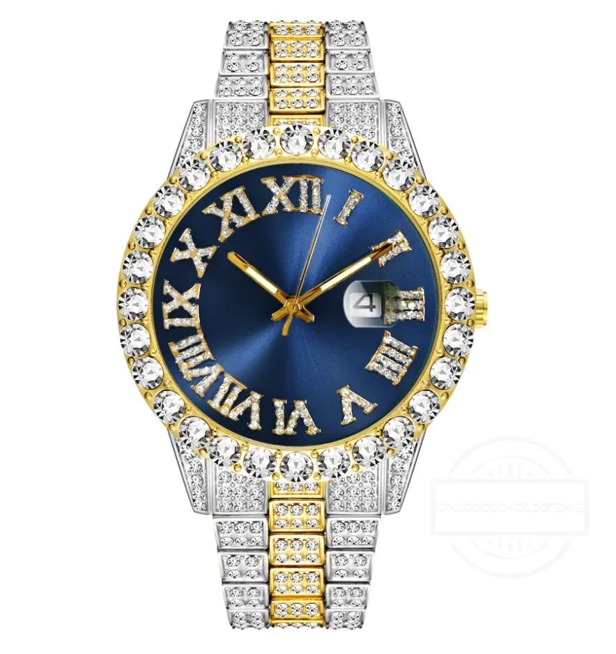 1/2pc Watch Bracelet Hip Hop Stainless Steel Gold Color Calendar Watch for Men Iced Out Paved Rhinestones Men Watch Reloj Hombre