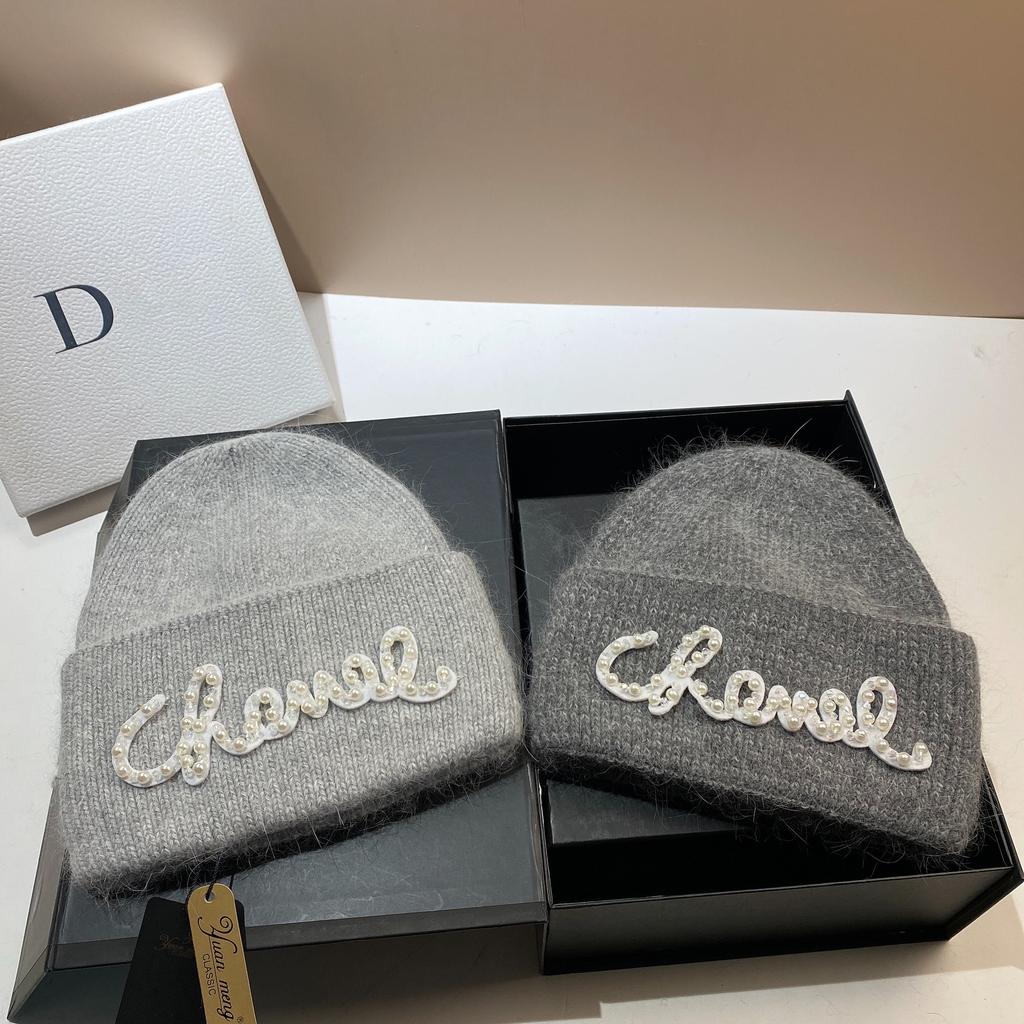 Pearl Hat Rabbit Hair Warm Knit Hat Women's Fashionable Winter Cold Hat Increase And Lengthen Double Folded Edges Hat